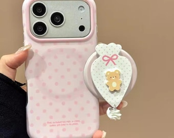 MagSafe Case with Detachable Decorative Charm: Light Pink Polka DotsPaired withaTeddy BearGiftPouchforStand or Grip, foriPhone15/16/17ProMax