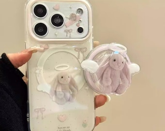 Clear Case with Angel Bunny & Message, Plus a Detachable Purple Bunny PopSocket for Grip and Stand, Fully MagSafe for iPhone 15/16/17ProMax