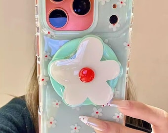 Clear MagSafe Case with White Flower Pattern, Mint Green Magnetic Ring & Viral 520K Likes Theme for iPhone 15/16/17 Pro Max