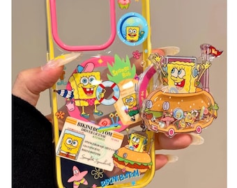 SpongeBob Cartoon Magnetic Case & Matching MagSafe Stand Set for iPhone 15/16/17 Pro Max. Yellow Frame with Pink Accent.