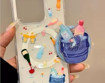 Thematic Drink Design Clear MagSafe Case Featuring a Unique Mini Keg-Shaped Magnetic Stand with “Alcohol” Print for iPhone 15/16/17 Pro Max