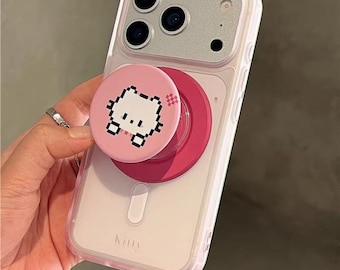 MagSafe Clear Pink Case with Pixel Kitten Design & Matching Pop Socket for iPhone 15/16/17 Pro Max, Complete Cute Set