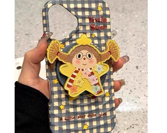 Social MediaInspired Set: “Little Star” Cartoon Designon GinghamCasewithCoordinatingMagneticGrip/Stand, Fully MagSafeforiPhone15/16/17ProMax