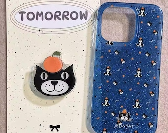 Complete Magnetic Set: Themed Blue Cat Pattern Case with a Coordinating 3D Magnetic Charm, Fully MagSafe Compatible for iPhone15/16/17ProMax