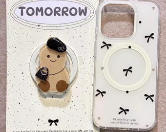 White Bow Pattern MagSafe Case with Cute Figure Stand & TOMORROW Card for iPhone 15/16/17 Pro Max