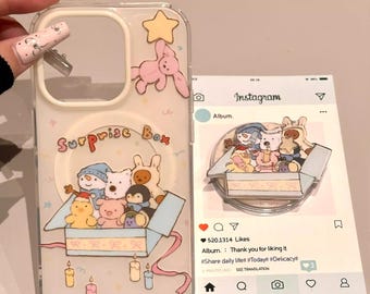 Whimsical Transparent MagSafe Casewitha ‘Surprise Box’ DesignBurstingwithCute Animals, PairedwithaMatchingRing Standfor iPhone15/16/17ProMax