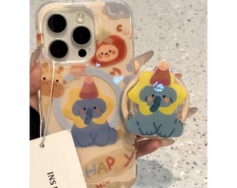 Clear “HAPPY” Animal Print MagSafe Case with Matching Elephant PopSocket for iPhone 15/16/17 Pro Max