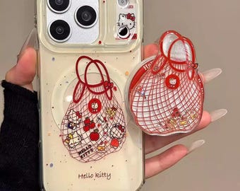 Complete Themed Set: Clear Case with Decorative Toy-Filled Net Print & Matching Red Net Air Cushion Grip, MagSafe for iPhone 15/16/17 ProMax