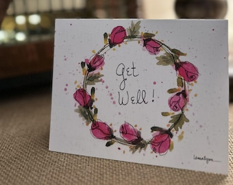 Get Well 4 Card Set, Floral Wreath, Blank inside, Print from Original Watercolor