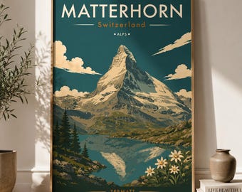 Matterhorn-affisch, Zermatt Schweiz-tryck, vintage reseväggkonst
