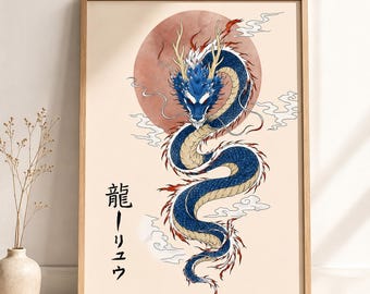 Väggkonst med blå drake, japansk draketryck, mytologiposter, zendekor, utskrivbar väggkonst