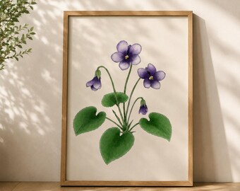 Violett väggkonst, botaniskt blomtryck, Japandi-dekor, minimalistisk blommig poster