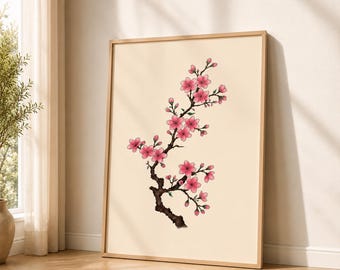 Väggkonst med körsbärsblommor, japanskt sakura-tryck, japansk botanisk dekor, minimalistisk blommig poster, utskrivbar väggkonst