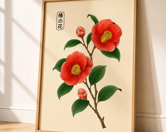 Camellia Wall Art, Botanical Flower Print, Japandi Decor, Minimal Floral Poster