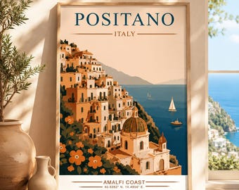 Väggkonst i Positano | Reseaffisch med Amalfikusten | Italien-tryck | Vintage kustdekor | Utskrivbar väggkonst | Medelhavsgalleri
