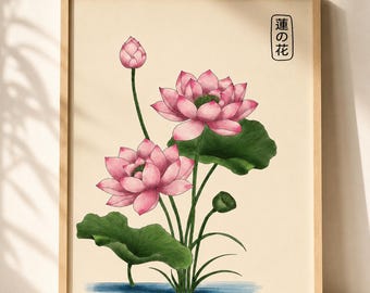 Lotusväggkonst, minimalistisk botanisk tryck, Japandi-dekor, zenväggkonst, utskrivbar affisch