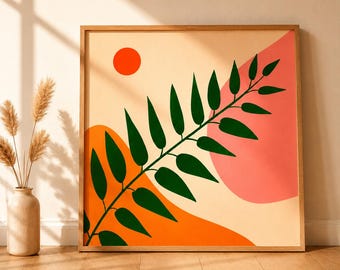 Abstrakt grön botanisk väggkonst för neutrala interiörer