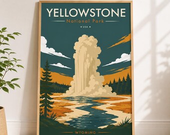 Yellowstone väggkonst, vintage reseaffisch, utskrivbar nationalpark