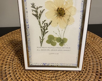 White Gold Trim 5x7 Frame, Pressed Yellow Cosmos Botanical Art