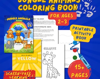 Libro para colorear de animales de la selva para niños pequeños de 2 a 3 años / Libro de actividades imprimible con página extra / Desarrollo de la preescritura y la motricidad fina