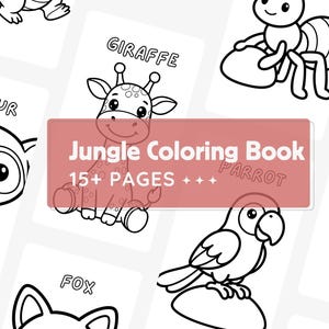 Puede incluir: Ilustración en blanco y negro de un libro para colorear con temática de la jungla. La portada presenta el texto "Jungle Coloring Book 15+ PAGES" en blanco sobre un fondo rojo. Se representan varios animales de la jungla, como una jirafa, un lémur y un loro.