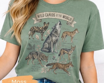 Comfort Colors Wild Canids of the World Print Shirt – Acid Wash Animal Print Tee – Vintage Washed Graphic Shirt
