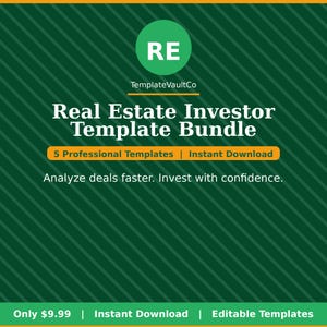 Może przedstawiać: Zielono-pomarańczowa grafika z tekstem "Real Estate Investor Template Bundle". Obraz zawiera tekst "5 Professional Templates | Instant Download" i "Analyze deals faster. Invest with confidence."