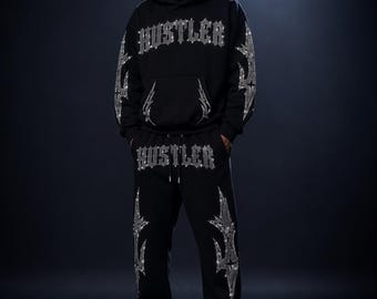 HUSTLER zwart trainingspak met strassteentjes – American Streetwear-set met hoodie en joggingbroek – Premium uniseks oversized trainingspak