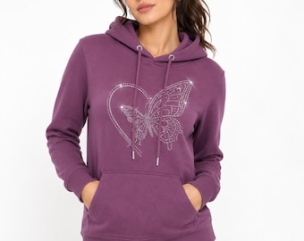Sweat à capuche femme papillon strass – Sweat-shirt scintillant