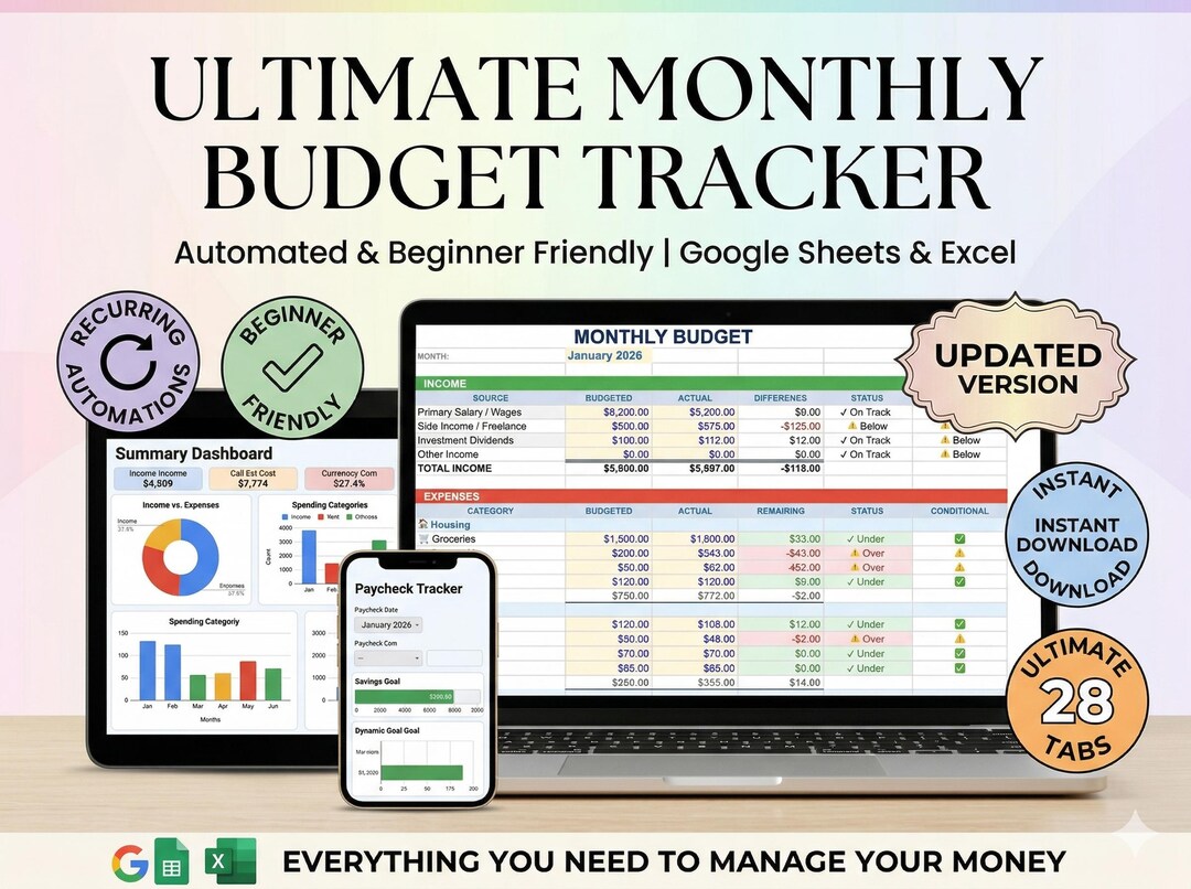 Monthly Budget Spreadsheet Google Sheets Excel | Budget Tracker ...
