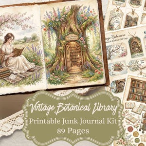 May include: A printable junk journal kit titled Vintage Botanical Library with 89 pages. The kit features illustrations of a person reading under a tree, a tree-trunk library, bookish gift tags, bookshelves, lanterns, and wax seals in soft colors.