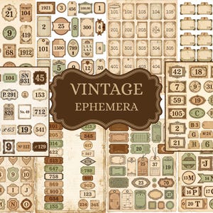 May include: A collection of vintage ephemera featuring numerous paper tags, labels, and tickets in various shapes and sizes. The items display printed numbers, letters, and decorative borders in muted tones of brown, cream, and sage green.