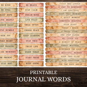 Op de afbeelding: Een verzameling printbare journal-woordstroken met vintage papiertexturen in tinten beige, lichtbruin en gedempt rood. Elke strook bevat inspirerende zinnen zoals Be Kind, Stay Calm en Today Was Lovely, gerangschikt in kolommen.