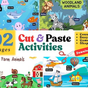 Könnte beinhalten: Ein farbenfrohes Cover für ein Lernaktivitätsbuch mit Illustrationen von Tieren aus dem Meer, dem Wald und dem Bauernhof. Das Cover zeigt auch Transportmittel und den Text "92 Cut & Paste Activities".