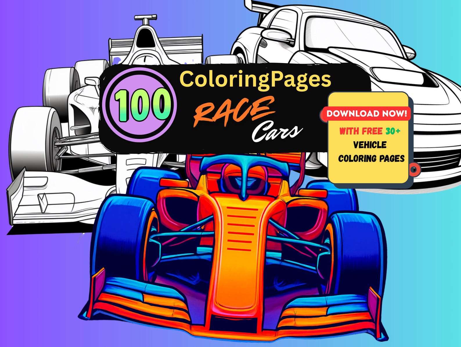 100 Race Car Coloring Pages for Kids, Vehicle Coloring Book PDF ...