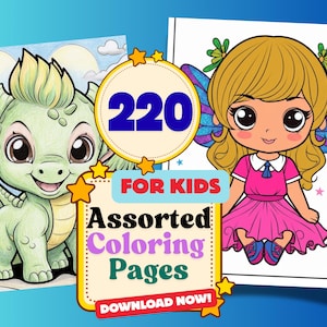 Puede incluir: Dos páginas para colorear para niños con un dragón verde y un hada con alas de mariposa. El texto dice "220 PARA NIÑOS Páginas para colorear surtidas ¡DESCARGAR AHORA!"