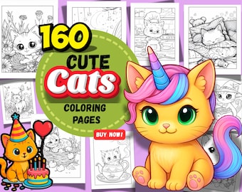 Livro de colorir de gatos com 160 páginas, desenhos fáceis, atividade divertida (download digital)