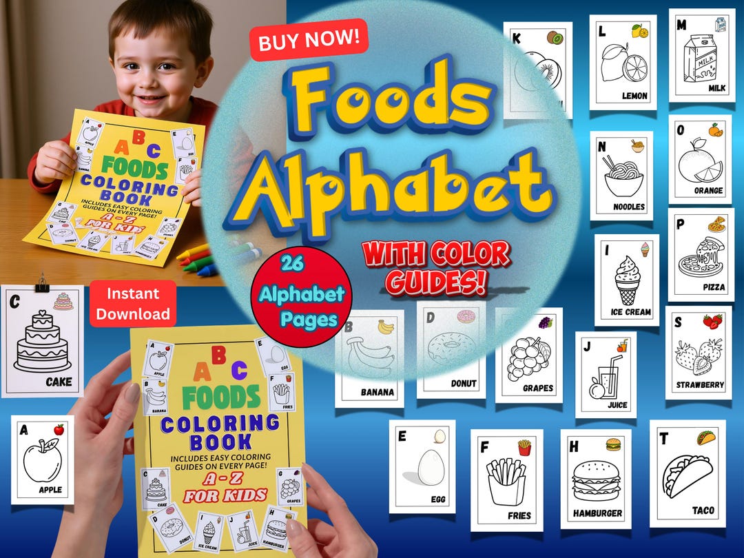 ABC Foods Coloring Book for Kids, A-Z Alphabet Learning With Color ...