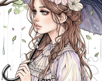 かわいい女の子の春の雨の塗り絵122枚セット、印刷可能なPDFブック
