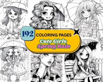 192 Kawaii Girls Spring Rain Coloring Pages Bundle,Printable PDF Book
