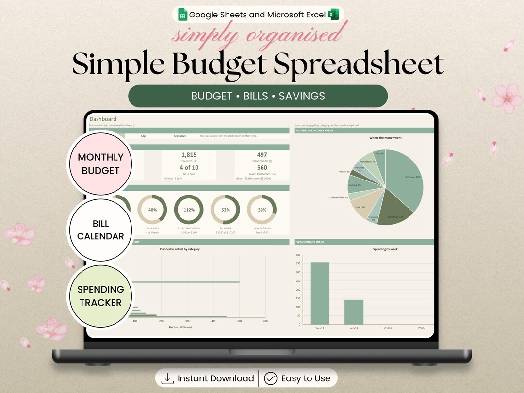 Monthly Budget Spreadsheet for Excel and Google Sheets | Bill and ...