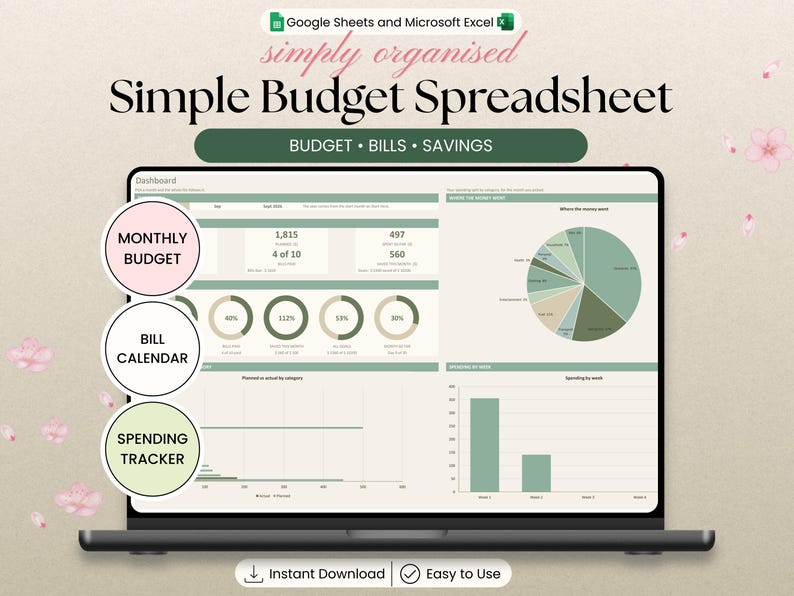 Monthly Budget Spreadsheet for Excel and Google Sheets | Bill and ...
