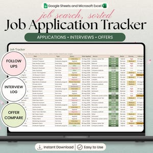 May include: A digital job application tracker spreadsheet displayed on a laptop screen. The interface includes columns for role, type, status, date applied, source, salary, mode, priority, and follow-up. Three circular icons list follow-ups, interview log, and offer compare.