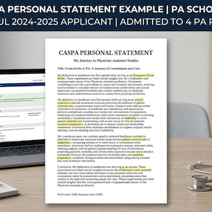 May include: A desk setup featuring a laptop displaying a CASPA application, a printed personal statement, a coffee mug with "FUTURE PA" text, and a notepad. A stethoscope and pen are also present. The document is titled "CASPA PERSONAL STATEMENT".