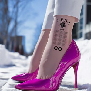 Op de afbeelding: Felroze lakleren stiletto's met spitse neuzen. De enkel heeft een tatoeage met het woord "ABBA", een zon en andere symbolen. De hakken staan tegen een besneeuwde achtergrond.