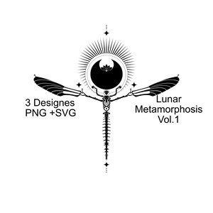 Könnte beinhalten: Schwarz-weißes digitales Design einer stilisierten Libelle mit Mond und Sonnenstrahlen. Der Text lautet "3 Designes PNG + SVG" und "Lunar Metamorphosis Vol.1".