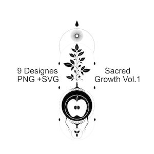 Sacred Growth Tattoo Set | Blackwork Botanical Geometry | 9 Minimal Designs | SVG PNG Tattoo Flash Bundle