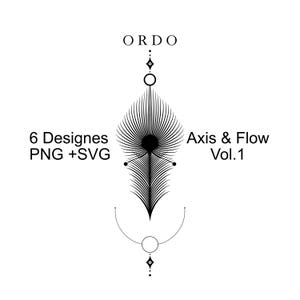 Könnte beinhalten: Ein schwarz-weißes Grafikdesign mit dem Wort "ORDO" oben. Das Design zeigt eine zentrale federartige Form mit radialen Linien und den Text "6 Designes PNG + SVG" und "Axis & Flow Vol.1".