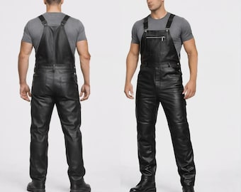 Salopette motard noire en cuir véritable pour homme, combinaison de travail salopette faite main