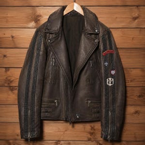 May include: A dark brown leather motorcycle jacket featuring a wide collar, asymmetrical front zipper, and multiple zippered pockets. The sleeves have vertical black stripes and zippered cuffs. Several embroidered patches are on the left sleeve.
